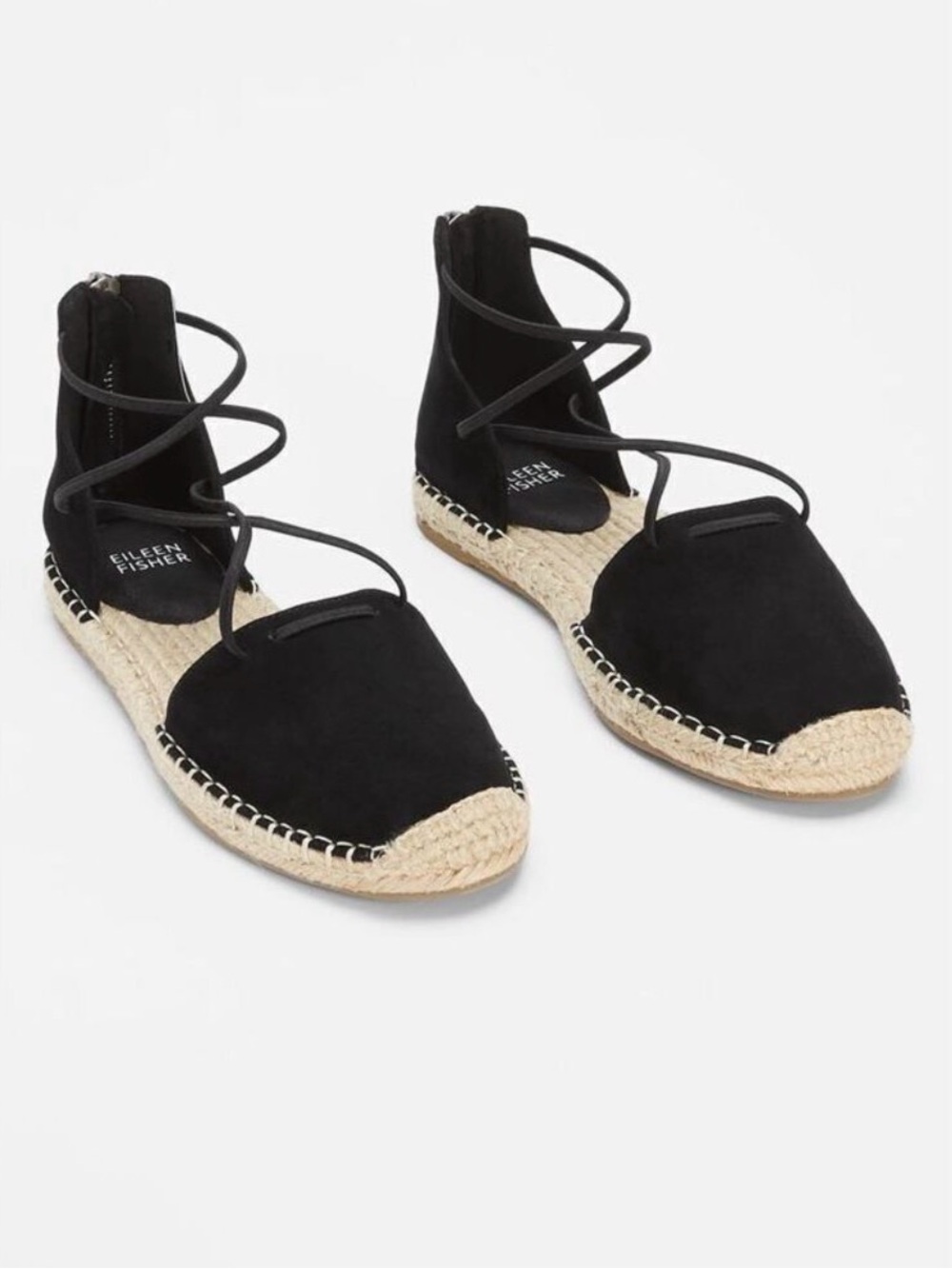 Eileen Fisher Black Leather Espadrille Flats Womens 9.5 dOrsay Strappy Sandals‎